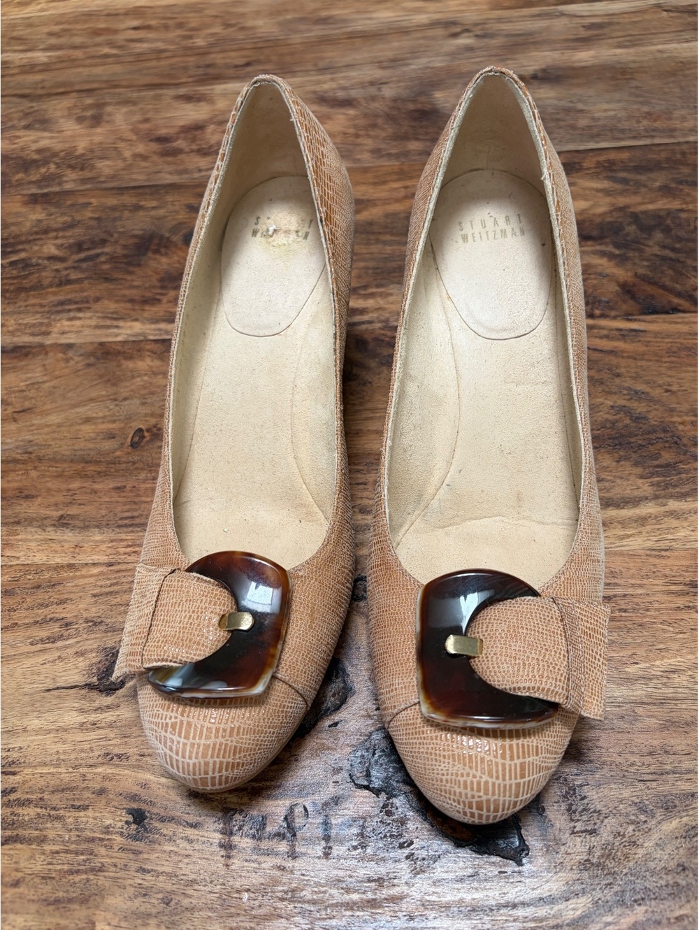Stuart Weitzman Women's Beige Textured Wedge Heels with Decorative Buckle Size 9